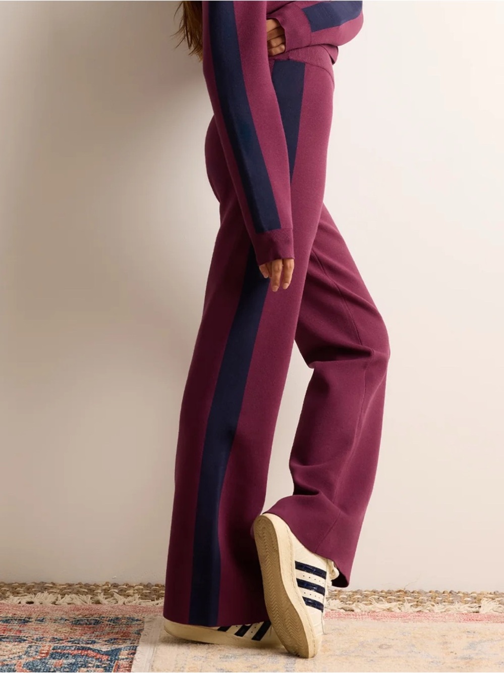 Spiritual Gangster Plum Wide-Leg Track Pants with Navy Side Stripe